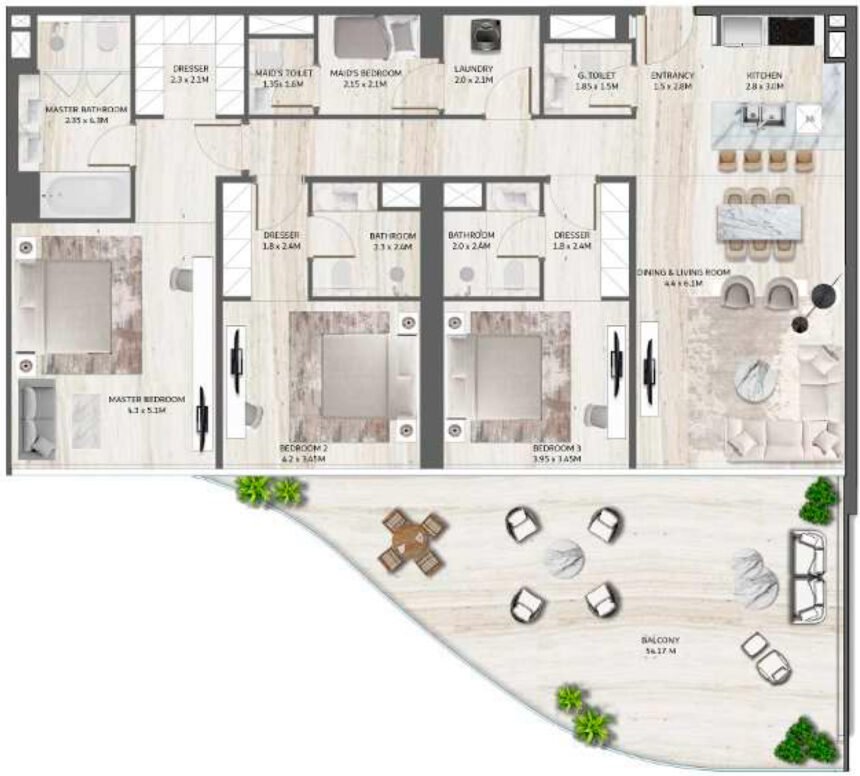 Планировки SLS Residences the Palm - 3 спальни Апартаменты