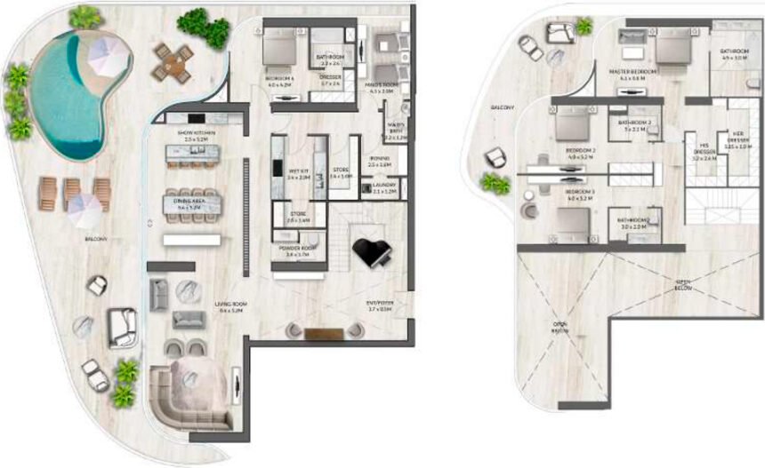 Планировки SLS Residences the Palm - 4 спальни Дуплексы