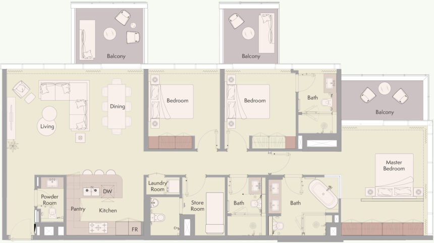 Планировки Ellington Beach House - 3 спальни Апартаменты